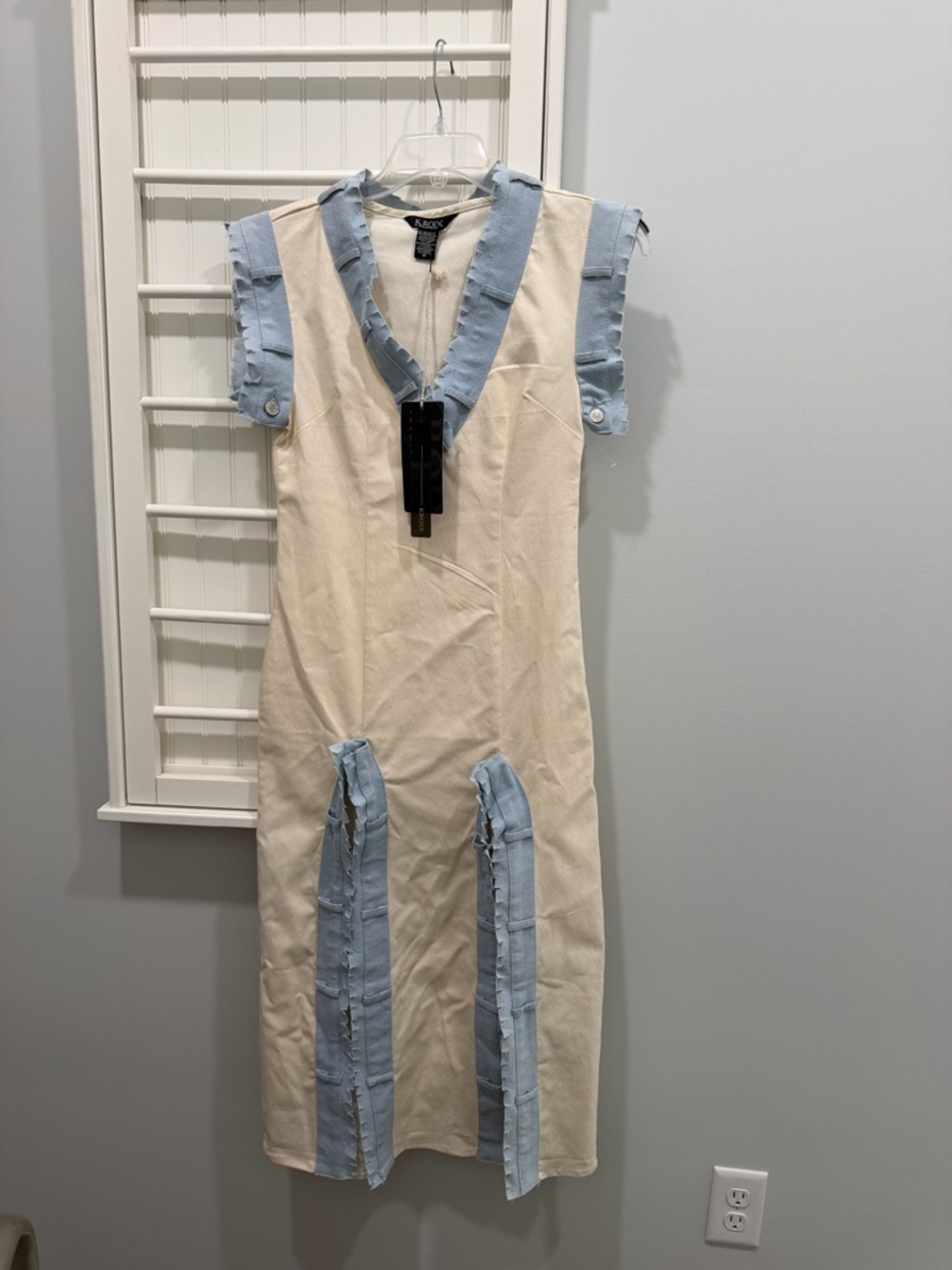 Light Blue-Trim Cream Midi Dress with Ruffle Accents